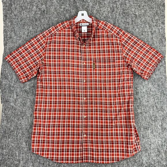 Columbia Mens Casual Button-Up‎ Shirt 2XT Tall Red Plaid Easy Care Short Sleeve - Picture 1 of 8